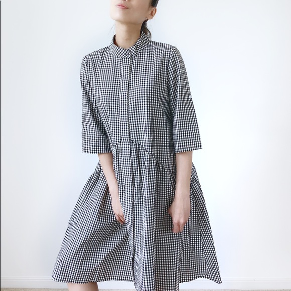 BLACK WHITE GINGHAM PLAID BUTTON DOWN MIDI DRESS - Picture 2 of 8